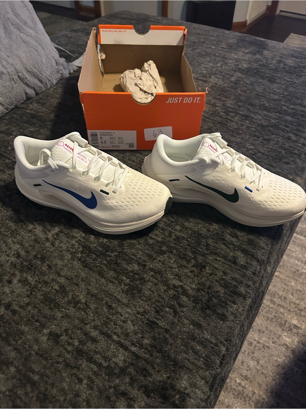 Nike White Running Shoes with Green and Blue Swooshes